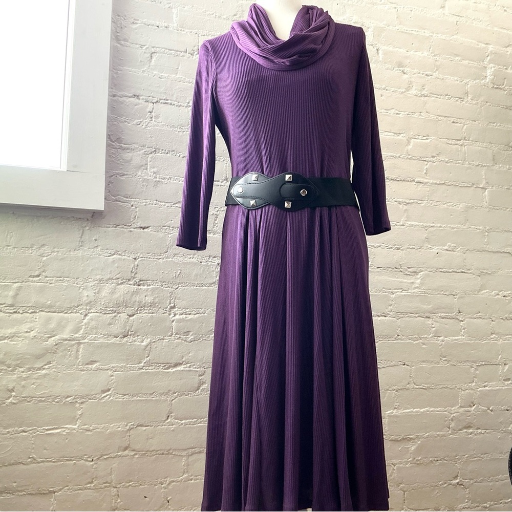 Vintage 90s Womens Long Sleeve Purple Ribbed Knit Midi Dress Size L Retro